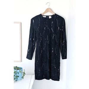 vintage 80s black sequin beaded cocktail dress, medium